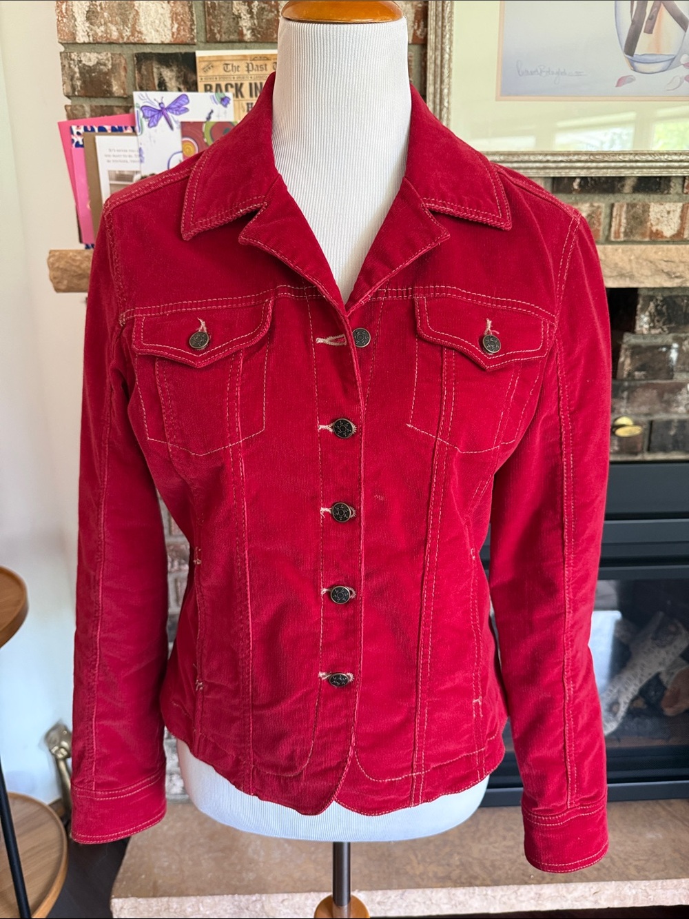 A.M.I. Deep Red Women's Cotton &  Spandex Corduroy Button-Up Jacket. Flattering!